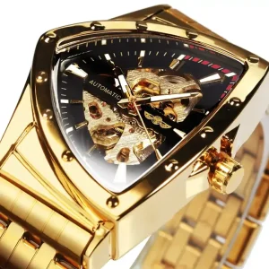 Forsining 526 Triangle Skeleton Gold Black Watch for Men Automatic Mechanical Wristwatch Stainless Steel