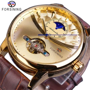 Forsining GMT1150 Moon Phase Automatic Watch Waterproof Mechanical Wristwatch Genuine Leather Tourbillon Clock