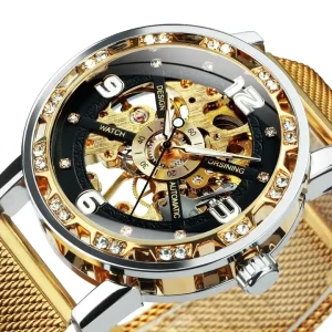 Forsining Gold Watches Mens Skeleton Quartz Watch for Men Mesh Slim Strap Luxury Wristwatches