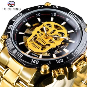 Forsining Luxury Skull Design Black Golden Wristwatches Luminous Men’s Automatic Sport Skeleton Watch