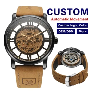 Forsining New Automatic Skeleton Mechanical Watch Leather Strap Water Resistant Watch