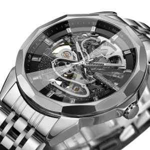 Forsining New Design Stainless Steel Strap Luxury Automatic Mechanical Watch 3D Hollow Out Men Luminous Wrist Watches