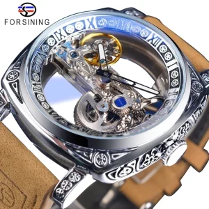 Forsining Square Transparent Retro Men’s Automatic Mechanical Watch Silver Luminous Self Wind Skeleton Design Belt Watch