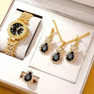Four-Piece Set Women’s Diamond-Encrusted Roman Numeral Quartz Watches 30mm Fashionable Design