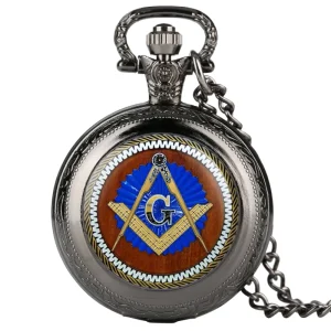 Freemason Black Pocket Watch with Necklace Chain Vintage Style Quartz Watch Locket Pendant for Masonic Jewelry Gift