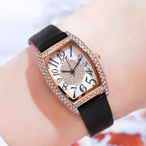 Full Crystal Bezel Center Paved Diamond Vintage Skewed Numeral PU Leather Watch 35mm Luxury Ladies Quartz Wristwatch