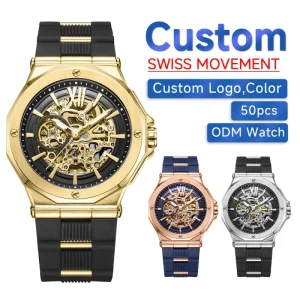 Full Custom Mechanical Watches Gold Automatic for Men Skeleton Wristwatch with Silicone Strap