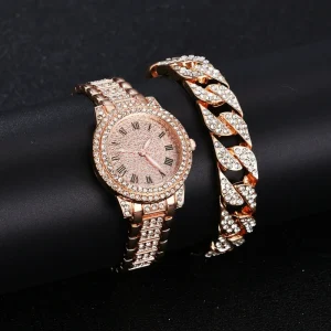 Full Diamond Roman Numeral Steel Belt Women’s Quartz Watch, Elegant Business, Glass Dial Window