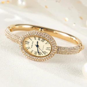Full Diamond Zircon Gold Plated Vintage Light Luxury Style Women’s Quartz Watch Bath Series Oval Women’s Watch