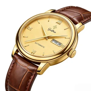 Full Gold Automatic Mechanical Men Watch Dual Calendar Business Retro Brown Strap Watch