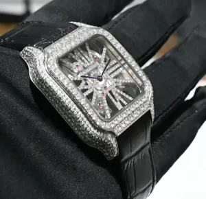 Full Iced Out VVS Moissanite Watch Swiss Movement Quartz Hollow Skeleton Square Men Wristwatch