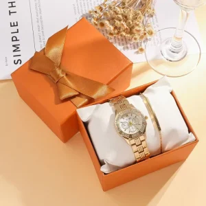 Full diamond three eyes women’s quartz steel with high-grade watch niche fashion geometric metal bracelet set