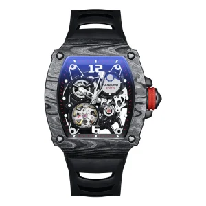 Fully Automatic Mechanical Men’s Wristwatch Waterproof Luminous Square Glass Dial Rubber Band with Hollow Feature
