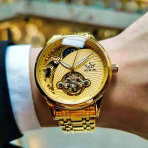 Fully Automatic Mechanical Watch Men’s Hollow Tourbillon Luminous Business Retro Style Metal Case Hidden Clasp