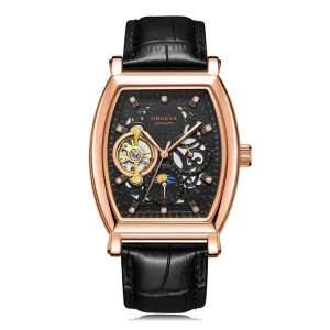 Fully Automatic Mechanical Watch with Genuine Leather Strap Luminous Function Water Resistant Barrel Shaped for Men