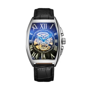 Fully Automatic Skeleton Mechanical Watch for Men Square Roman Numerals Luxury Leather Band 20mm Wide Hollow Design