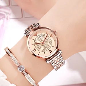GEDI Women’s Waterproof Quartz Watch with Diamond Stainless Steel Band 18mm Width Alloy Case Glass Dial Window Business Style