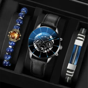 GENEVA Men’s Business Leisure Leather Belt Watch Quartz Watch Set Faux Leather Strap Father’s Day Christmas Gift Jewelry