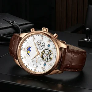 GUANQIN Men’s Automatic Mechanical Stainless Steel Watch Luxury Hip Hop Business Style Analog MoonPhase Dial Water Resistant