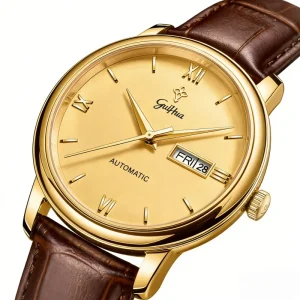 GUIHUA Business Retro Men’s Full Gold Automatic Mechanical Dual Calendar Classic Brown Wristwatch