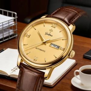 GUIHUA Dual Calendar Business Mechanical Watch New Full Gold Switchable Movement Brown Strap Men Watch