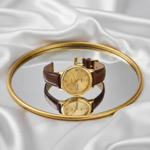 GUIHUA Full Gold Automatic Mechanical Wristwatch Dual Calendar Business Retro Brown Leather Men Watch