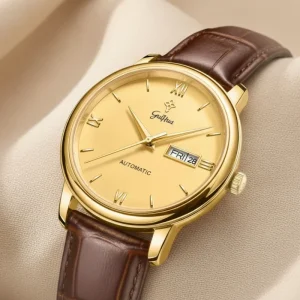GUIHUA New Business Mechanical Men Watch Full Gold Automatic Dual Date Retro Wristwatch