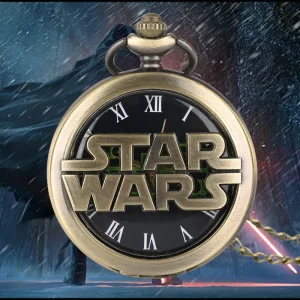 Galaxy Warfare Movie Pocket Watch with Chain Retro Bronze Locket Watch Pendant for Fans Antique Design Gifts