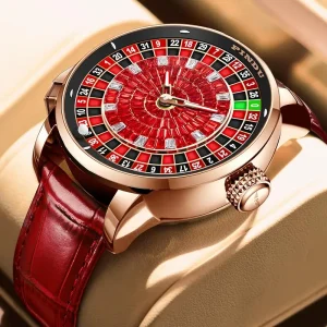 Gambling Wheel Series Men’s Fully Automatic Mechanical Stainless Steel Case Genuine Leather Band Watch