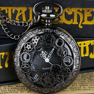 Gear Steampunk Quartz Pocket Watch Vintage Hollow Out Analog Necklace Chain Watch