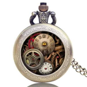 Gear patterned Bronze Glass Pocket Watch with Necklace an Anniversary Gift for Fans and Friends