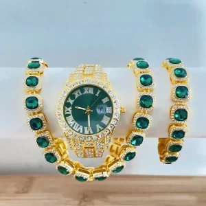 Gemstone Bracelet Necklace Men’s Quartz Watch Diamond Fashion Luminous Gift Watch Set