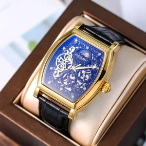 Genuine Leather Skeleton Tonneau Automatic Watch Men’s Luxury Business Casual Luminous Waterproof Mechanical Watch