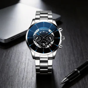 Genuine Men’s Stainless Steel Mechanical Watch Dual Calendar Business Style Simple Quartz Watch