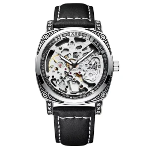 Genuine New Luxury Unisex Mechanical Watch 40mm Glass Pointer 30bar Water Resistant Embossed Carved Luminous Hollow Leather Band