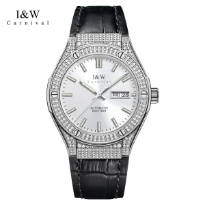 Glass Business Luxury Automatic Movement Mechanical Watch With Leather Band
