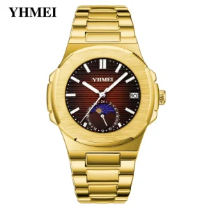 Gold Alloy Tonneau Case Stainless Steel Men’s Luxury Quartz Analog Glass Watch Calendar Moon Phase Water Resistant 43mm Fashion