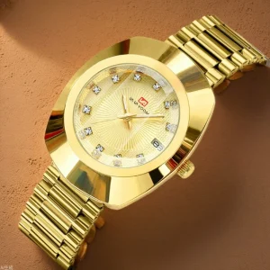 Gold Color Diamond-Encrusted Couple’s Quartz Watch Waterproof Steel Band