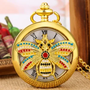 Gold Hollow Quartz Pocket Watch with Necklace Chain Bee Design Locket Pendant Jewelry Gift for Women Vintage Accessories