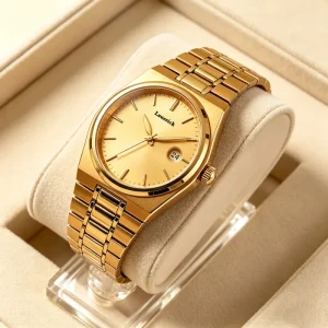 Gold Luxury Quartz Watch Chronograph Pointer Dial Waterproof Stainless Steel Strap Fashion Coin Design Men’s Watch