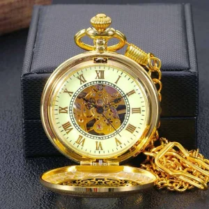 Gold Mechanical Pocket Watch with Hollow Carving Personalized Necklace Chain Gift for Birthday Christmas