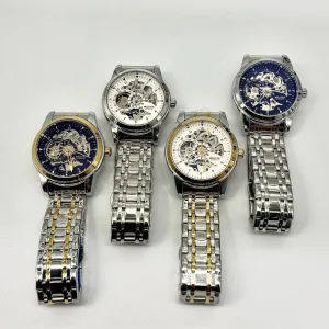Gold Men’s Skeleton Automatic Mechanical Watch with Stainless Steel Band
