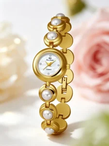 Gold Pearl Bangle Ladies Quartz Watch Elegant Mother of Pearl Dial Dress Watch for Women