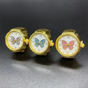 Gold Plated Quartz Mini Ring Watch with Roman Numerals for Unisex Women and Girls