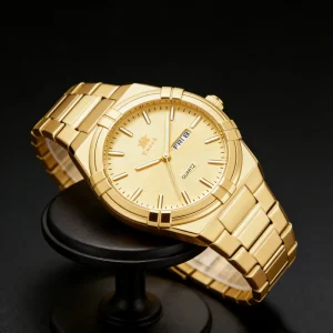 Gold Quartz Men’s Watch 42mm Multifunction Waterproof Dial Date Week Display Stainless Steel Fashion Watch