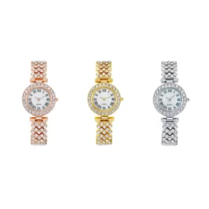 Gold Silver Rose Gold Color Alloy with Bling Rhinestone Iced Out Trendy Women’s Round Roman Numerals Quartz Watch