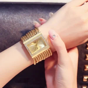 Gold Stainless Steel Band Women’s Square Quartz Watch with Glass Dial Window and 3BAR Water Resistance