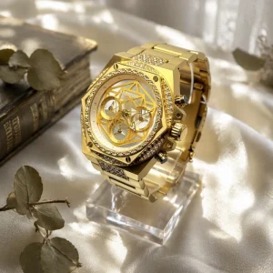 Gold Tone Octagonal Chronograph Watch with Skeleton Geometric Dial Crystal Encrusted Bezel and Bracelet