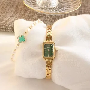 Gold Vintage Women’s Watch Luxury Rhinestone Inlay Exquisite Square Dial