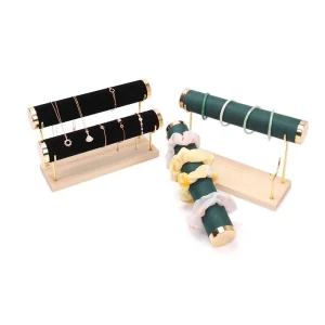 Gold Wood 2 Bar Suede PU Jewelry Bracelet Bangle Watch Chain Display Holder Hairband Organizer